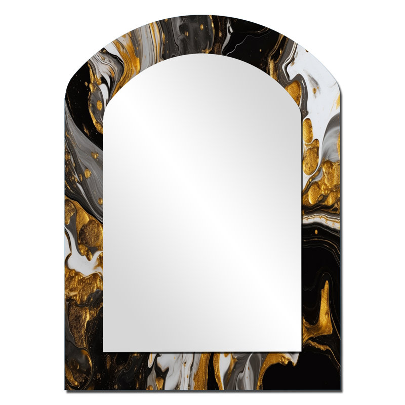 Or noir marbré Dreamscape II - miroir mural géométrique asymétrique, miroir décoratif arche moderne, impression d'art en métal