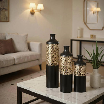 Set of 3 Gold Metal Floor Vases â€“ Large Cylindrical Vases with Glazed Finish, Decorative Home DÃ©cor