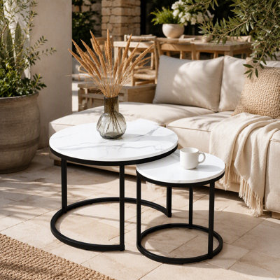 Set 2 Coffee Table Nesting White and grey top Black Frame Circular Round and Marble Pattern Wooden Tables, Living Room Bedroom Apartment Modern Industrial Simple Nightstand
