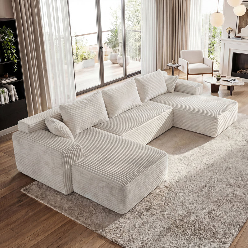 Canapé en U rembourré avec chaises doubles et coussins, Crème