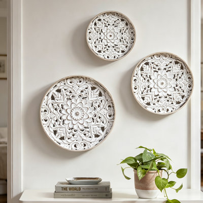 Distressed White Floral 3Piece Carved Wood Wall Decor Set