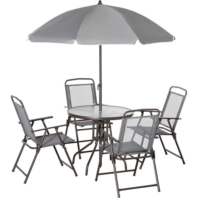 Melousia 6 Piece Garden Dining Set with Umbrella and Parasol Grey