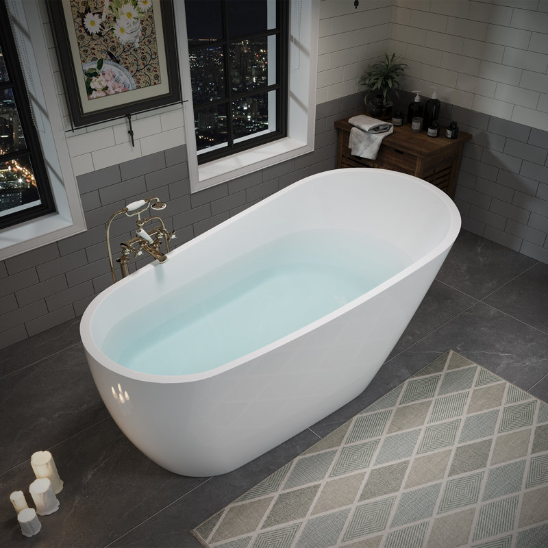 63" x 30.7" Acrylic Freestanding Bathtub, Deep Soaking Bathtub with Pop-up Drain & Integrated Overflow for Bathroom Spa, Glossy White