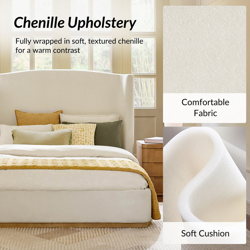 Waynesville Modern Upholstered Wingback Solid Wood Construction Platform Bed with chenille fabric and Rounded Corner, Queen