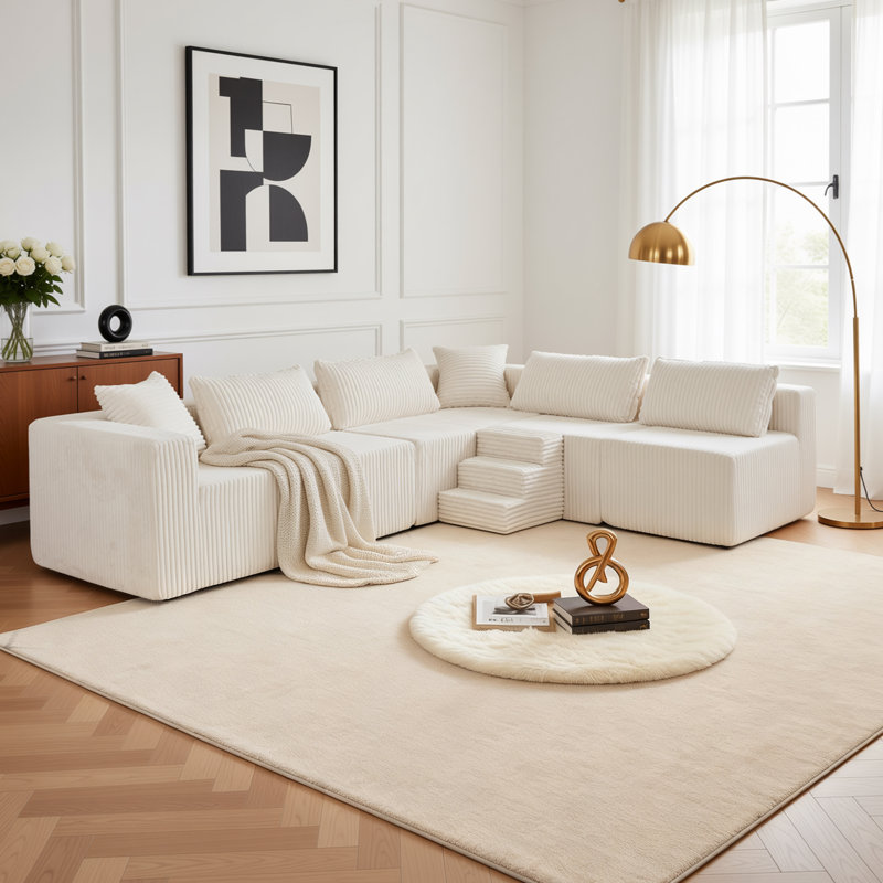Boneless 128" U-Shaped Modular Sofa, No, Beige Corduroy