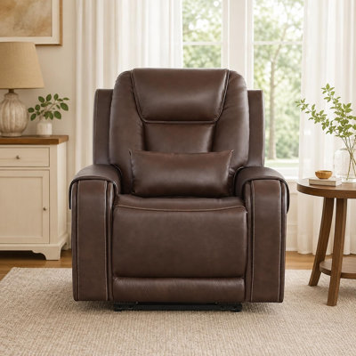 Fauteuil inclinable électrique en cuir véritable avec chaleur et massage, fauteuil électrique inclinable pour personnes âgées, porte-gobelet, coussin lombaire et poches de rangement latérales