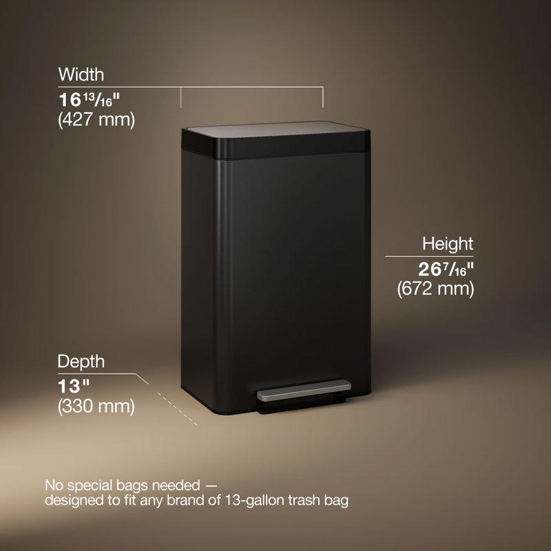 Reset 13 Gallon Kitchen Trash Can, Stainless Steel Hand Free Step Trash Can with Quiet-Close Lid, 13 Gallon
