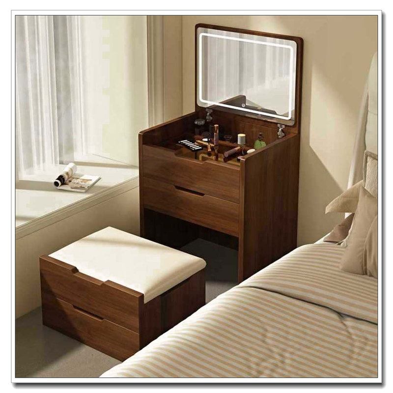 3 Drawers Vanity Desk with Plip Top Mirror,Small Make Up Vanity Set with Visible Glass Desktop, Walnut