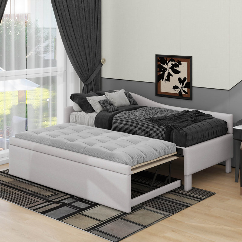 Twin Size Upholstered L-Shaped Upholstered Daybed With Trundle, Beige
