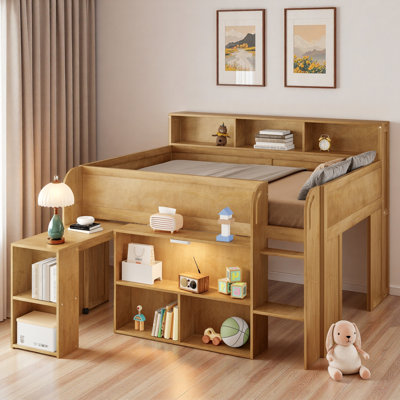 Loft Bed With Multiple Storage Shelves, Desk And Led