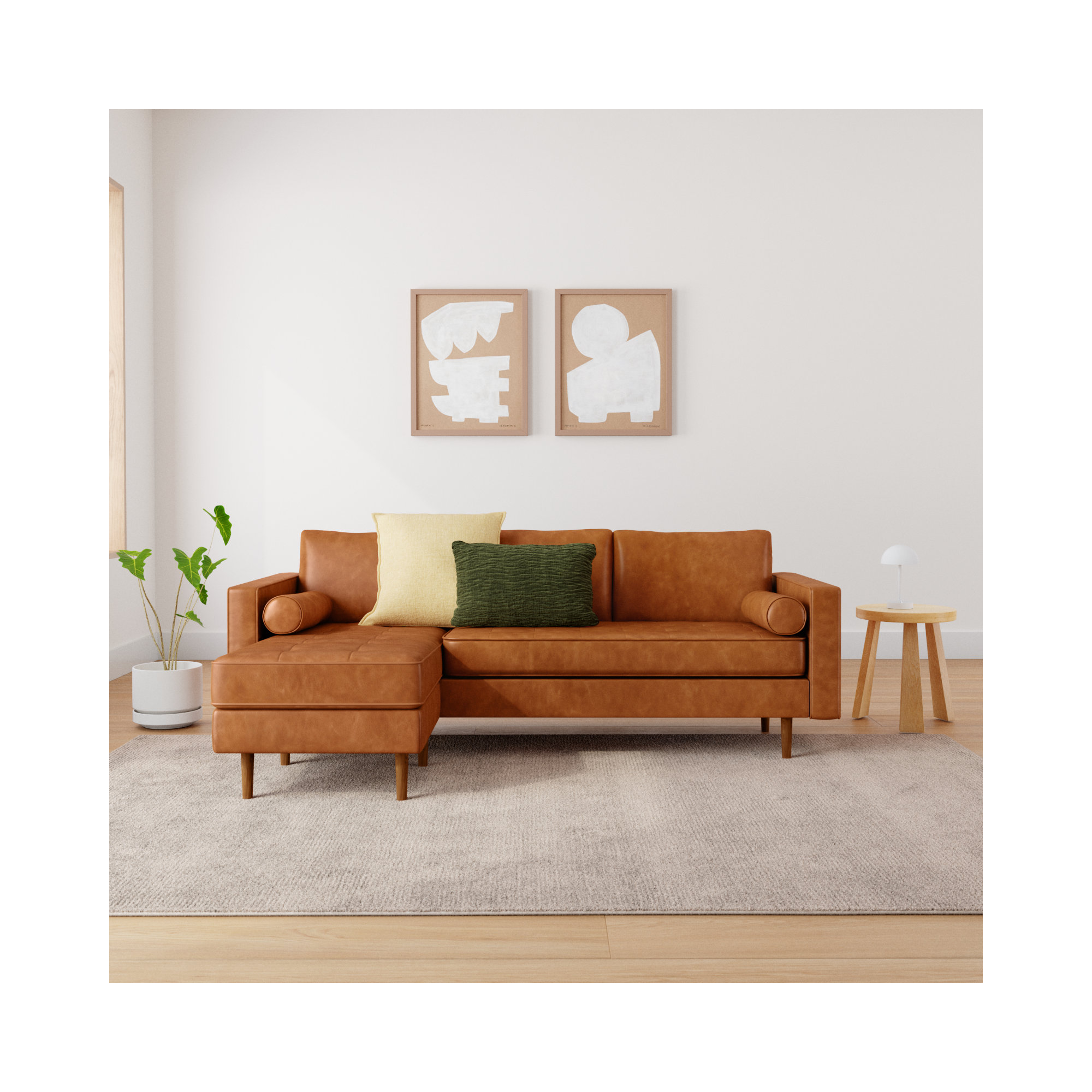 Geo 84" Wide Vegan Leather Reversible Modular Sofa & Chaise, Saddle Tan Vegan Leather