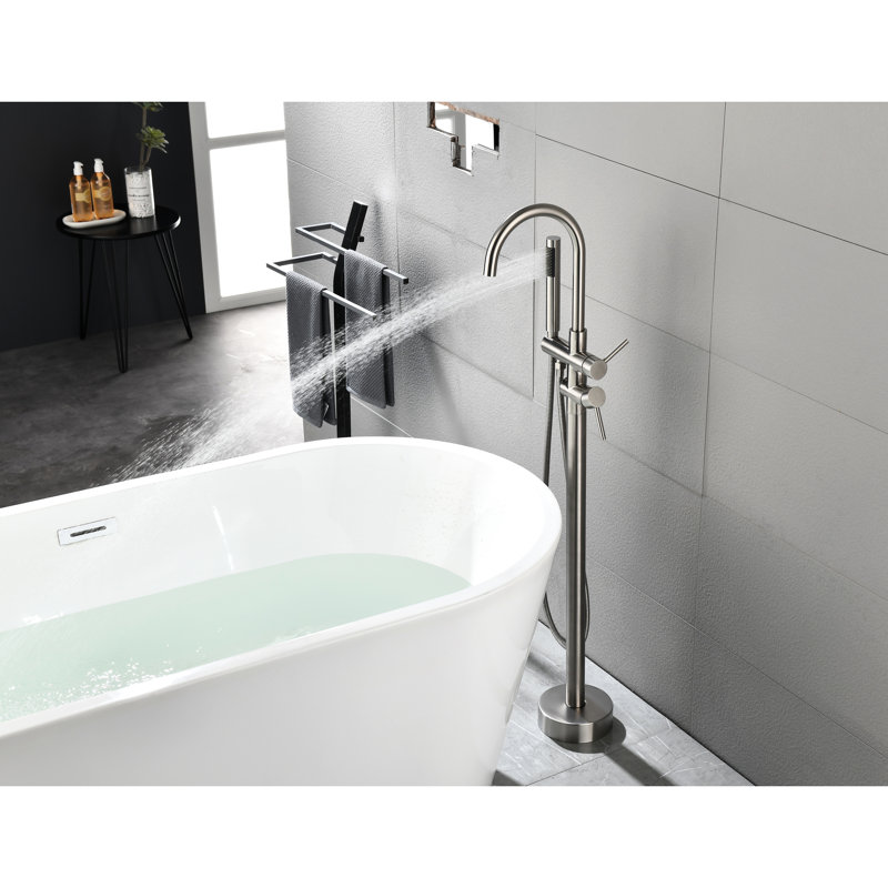 Robinet de baignoire fixé au sol avec douche à main et fonction d'économie d'eau, Chrome/Acier inoxydable