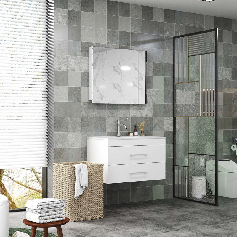 Meuble-lavabo mural brillant avec miroir, 30", Blanc lustré, Argent argent