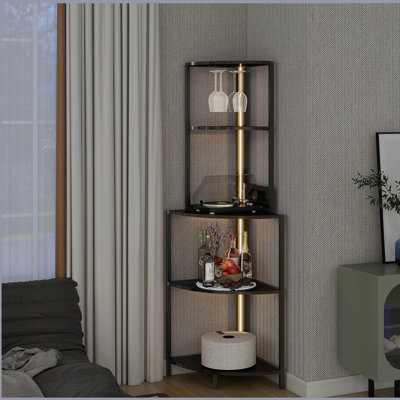 5 Tier Corner Shelf with LED Light and USB Plug, With Glass Holder, Tall Standing Shelf for Wall Corner, Narrow Bookshelf