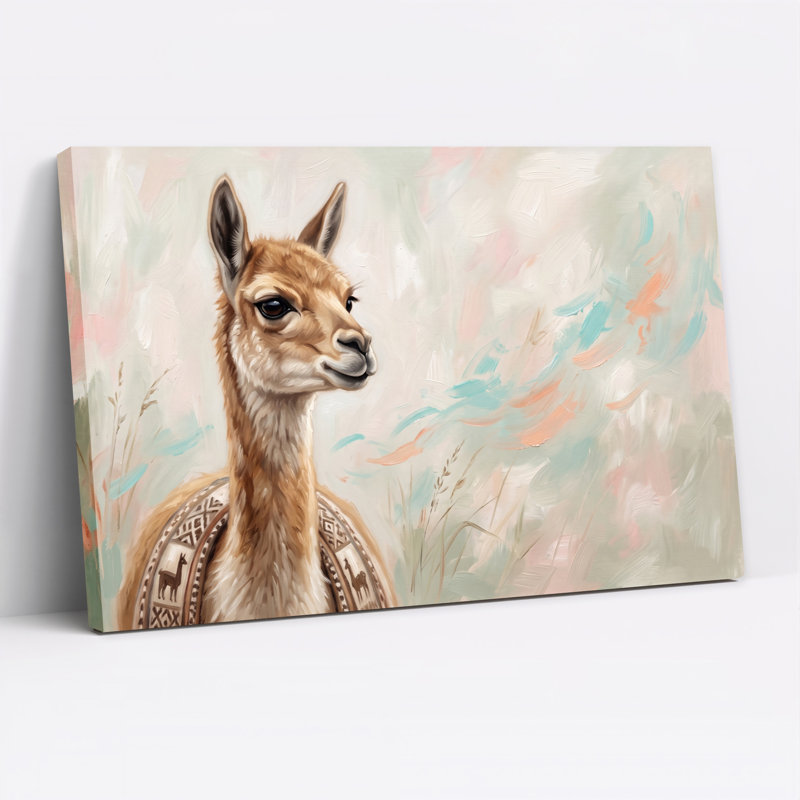 Art mural sur toile avec lama brun avec couverture à motif et fond pastel, H 32 po x l 48 po
