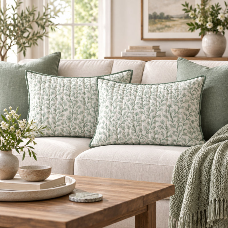 Ensemble de housses de coussin décoratives 100 % coton, imprimé floral vert moghol, 51 x 66 cm, Standard, Green