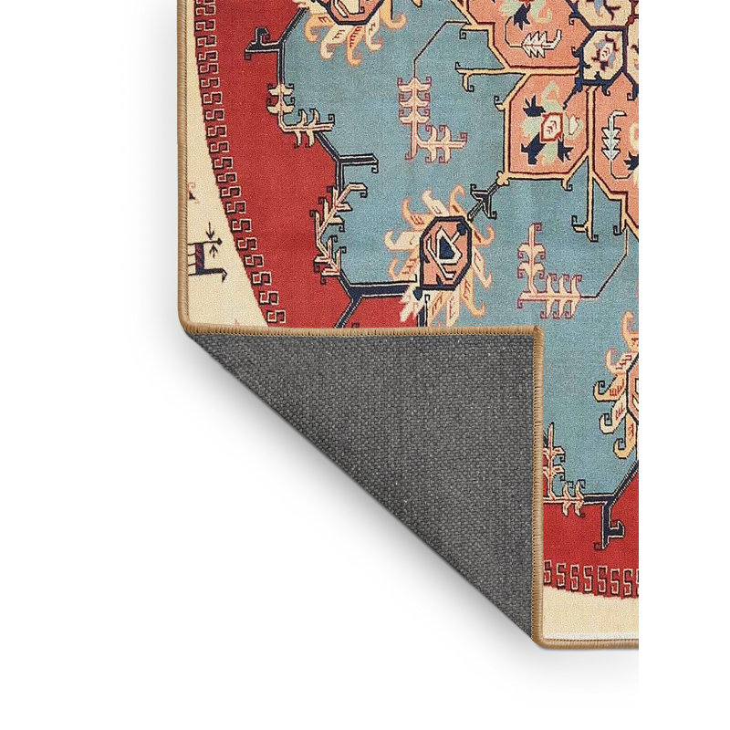 Tapis traditionnel rouge / bleu / beige Freja, Rectangle 3 pi x 5 pi