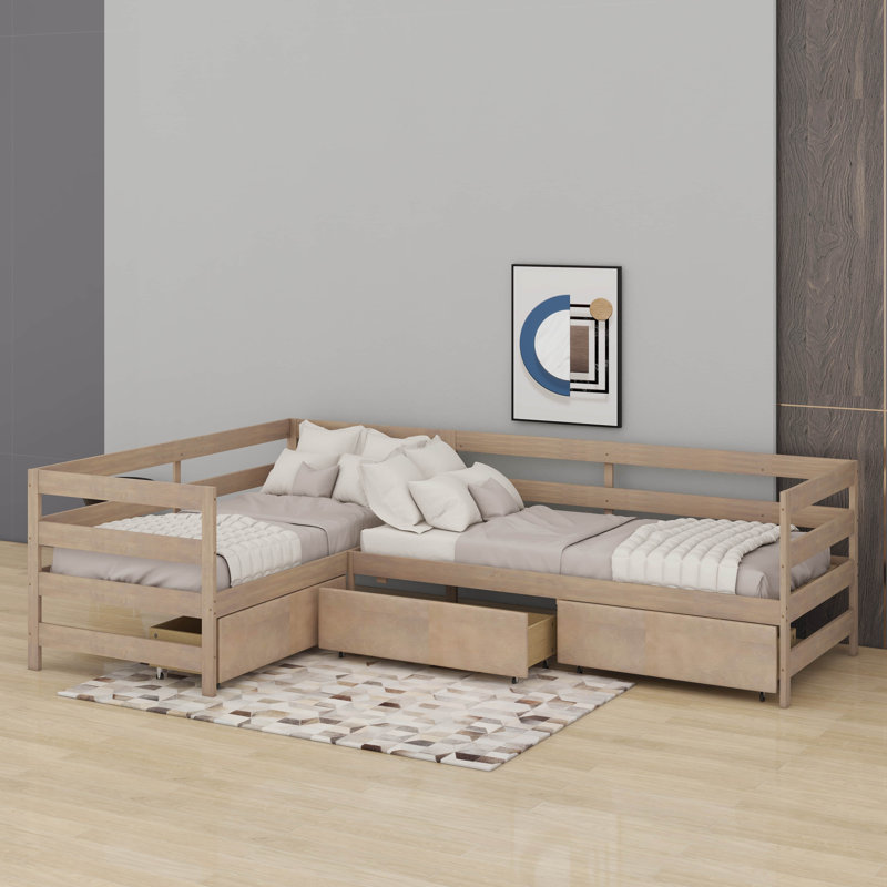 Lit plateforme simple en forme de L avec trois tiroirs de rangement, Naturel