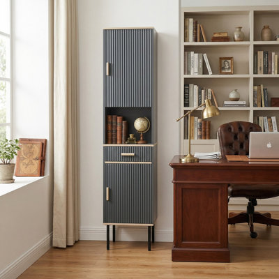 Free Standing Narrow Bathroom Linen Storage Cabinet With Smooth Closing Doors And Convenient Pull Out Drawer For Bathroom