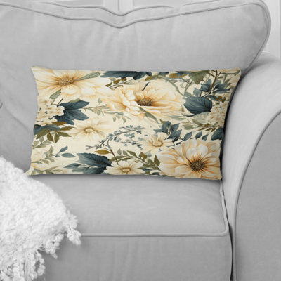 Fleurs de pivoines beiges et bleues antiques I - coussin à imprimé floral