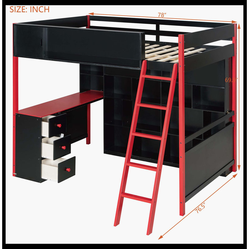 Full Size Wood Loft Bed with Desk, Ample Storage Space and Light, Red, Red