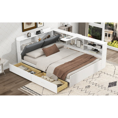 Lit plateforme en bois avec tête de lit avec rangement, tablettes et 2 tiroirs