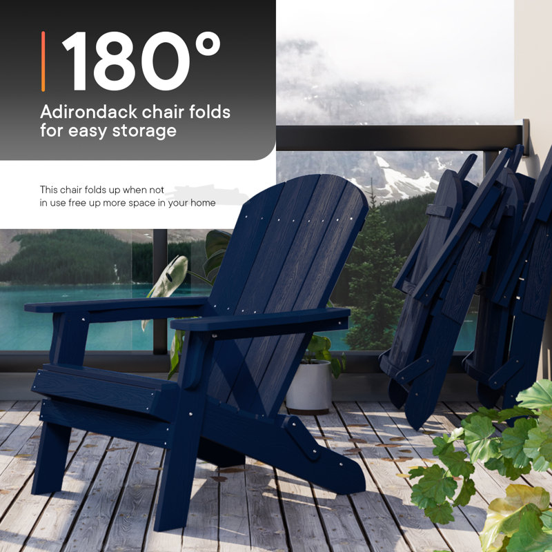 Outdoor Folding Adirondack Chair HIPS Oversized Plastic Adirondack Chair All Weather Patio Chair with Cup Holder Fire Pit Chair, Navy