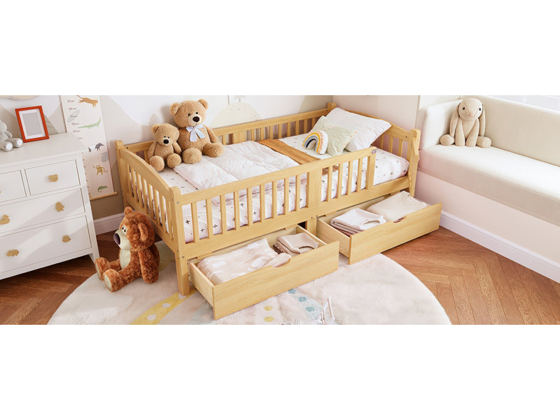 Lit plateforme avec garde-corps et rangement sous le lit Elliot, Natural