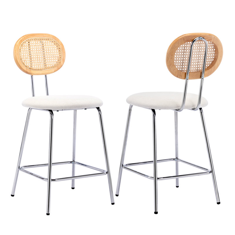 Ceferina 22.8" Mid Century Modern Rattan Back Upholstered Bar Stool, White