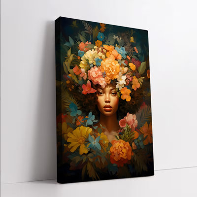 1PC Wall Arts Posters Framed, Vibrant African American Woman Portrait Canvas Wall Art Colorful Floral Crown Boho Home Decor for Living Room Bedroom Modern Abstract Painting Artwork Print Ready to Hang