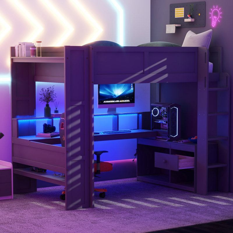 Lit mezzanine en bois avec bureau, tablettes multiples, DEL et station de charge, cadre de lit, Lit double