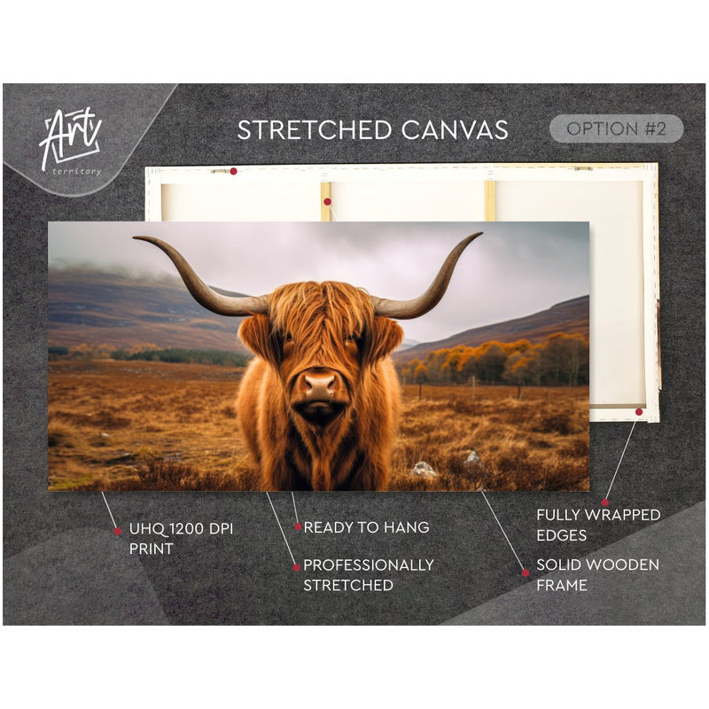 Art mural très grand, impression de vache Highland, décor de ferme, art mural horizontal sur toile, H 20 po x l 40 po