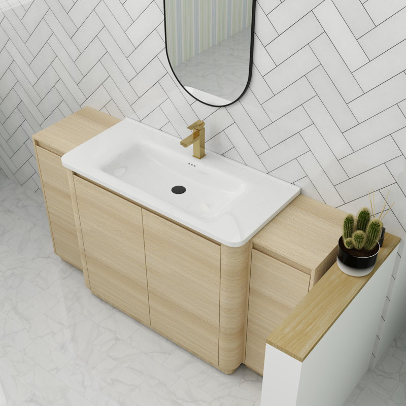 Meuble-lavabo sur pied avec lavabo en céramique de 64 po avec porte à fermeture en douceur et tablettes, Beige, 64"