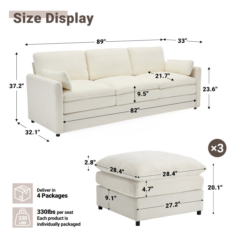Ensemble de salon rembourré 4 pièces avec repose-pieds Drago, Beige