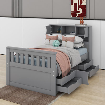 Twin Size Captain Platform Bed Frame With Storage Bookcases And Shelves