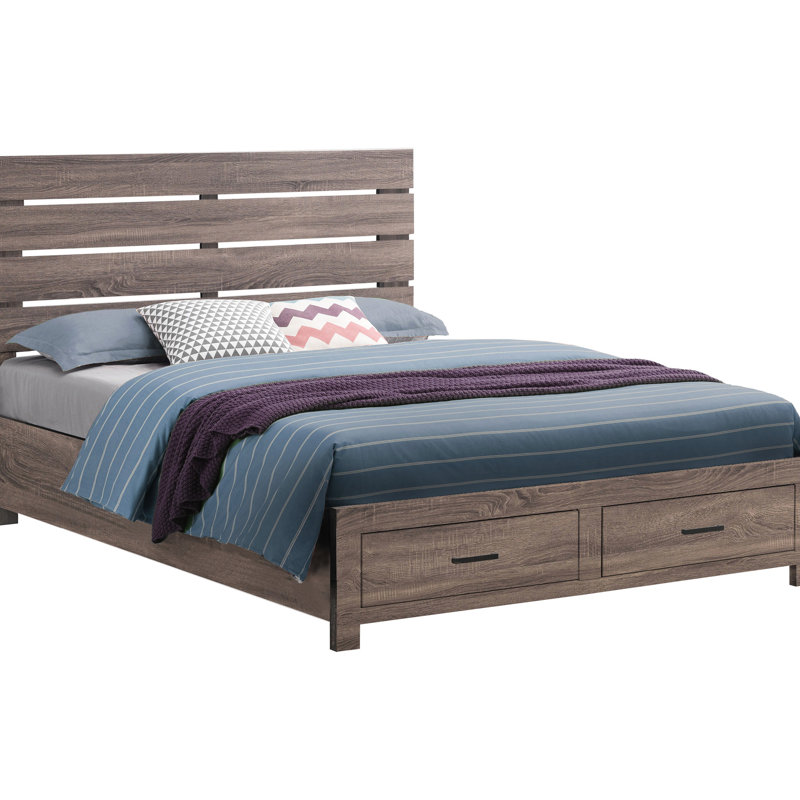 Grand lit plateforme à panneau avec tête de lit à lattes, rangement et belle finition en chêne sur deux tiroirs en bois pour un rangement caché, Cozy Solid +