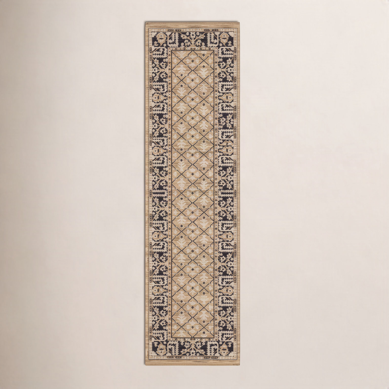 Abena Tan Charcoal Vintage Oriental Wool Rug, Runner 2'6" x 10'