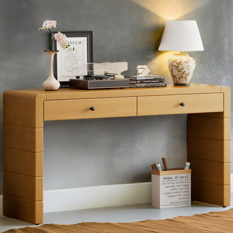 Console incurvée avec rangement, table d'entrée en bois avec 2 tiroirs, consoles rustiques de ferme pour le vestibule, le couloir et le salon