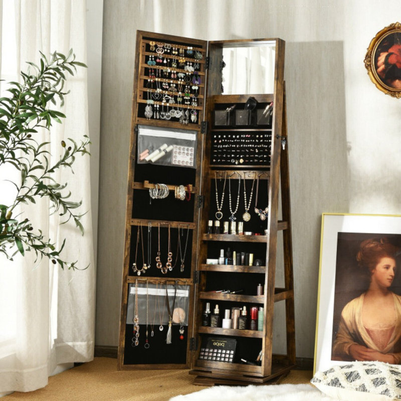 Armoire à bijoux verrouillable 360 ° 2-en-1 avec miroir pleine grandeur, Brun rustique