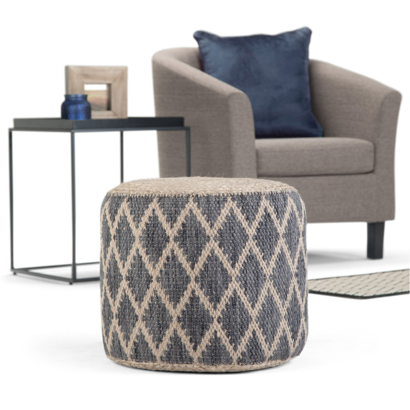 Edgeley 18"W Jute and Cotton Round Pouf with Diamond Pattern, Gray/Natural