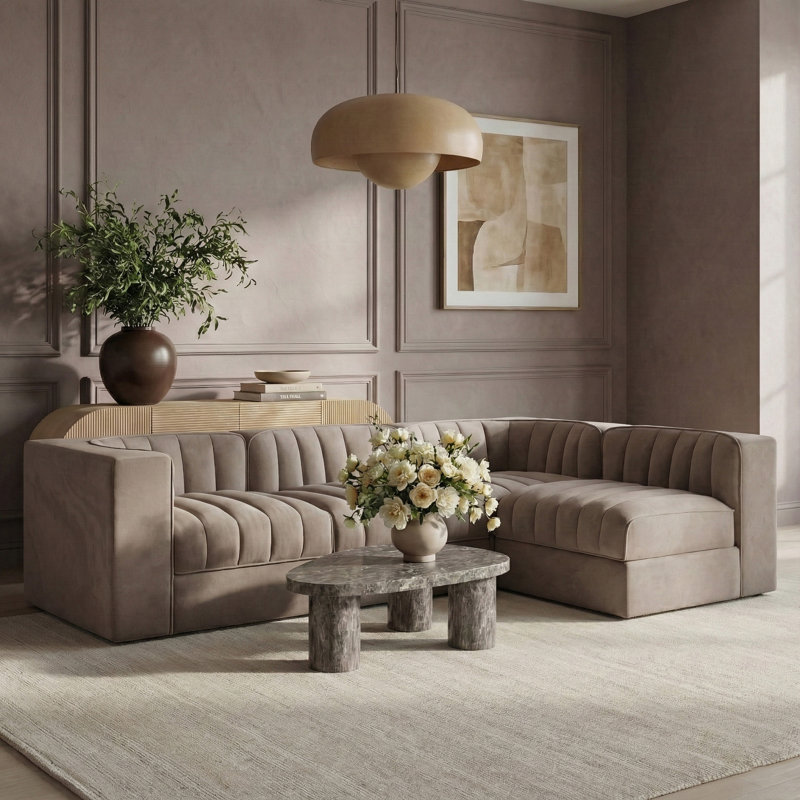 Tissu 4 pièces Demars Velvet Performance Canapé modulaire modulaire, Velours taupe, 27" H x 97" W x 63" D