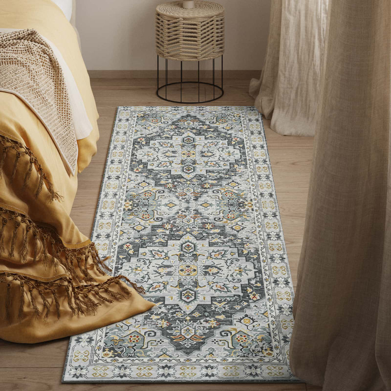Oriental Non-Slip Machine Washable Area Rug in Grey/Yellow/Cream for Living Room, Bedroom, Hallway Runner Indoor Rugs