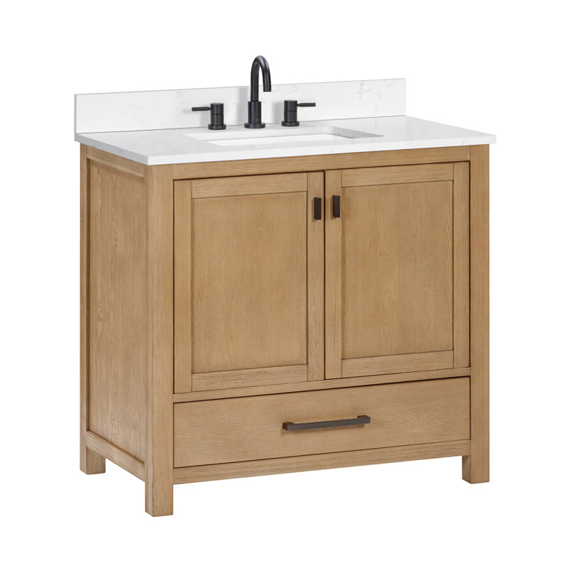 Modero 36" Single Bathroom Vanity with Top, Cala White Marble, Brushed Oak, Black