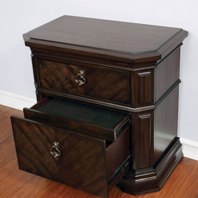 Table de chevet 1pc couleur espresso Détails en faux bois sculpté Mobilier de chambre à coucher Table de chevet Anneaux en bronze massif 2 tiroirs de rangement