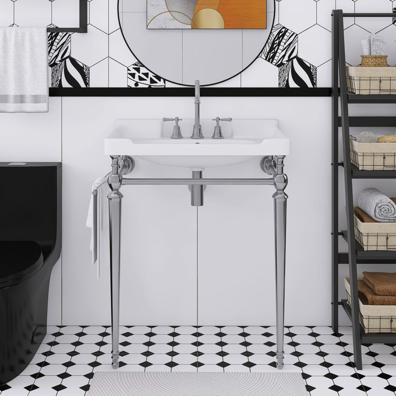 Meuble-lavabo mural en céramique 28 po, pieds de support autoportants en acier inoxydable avec barre à serviettes 28 po
