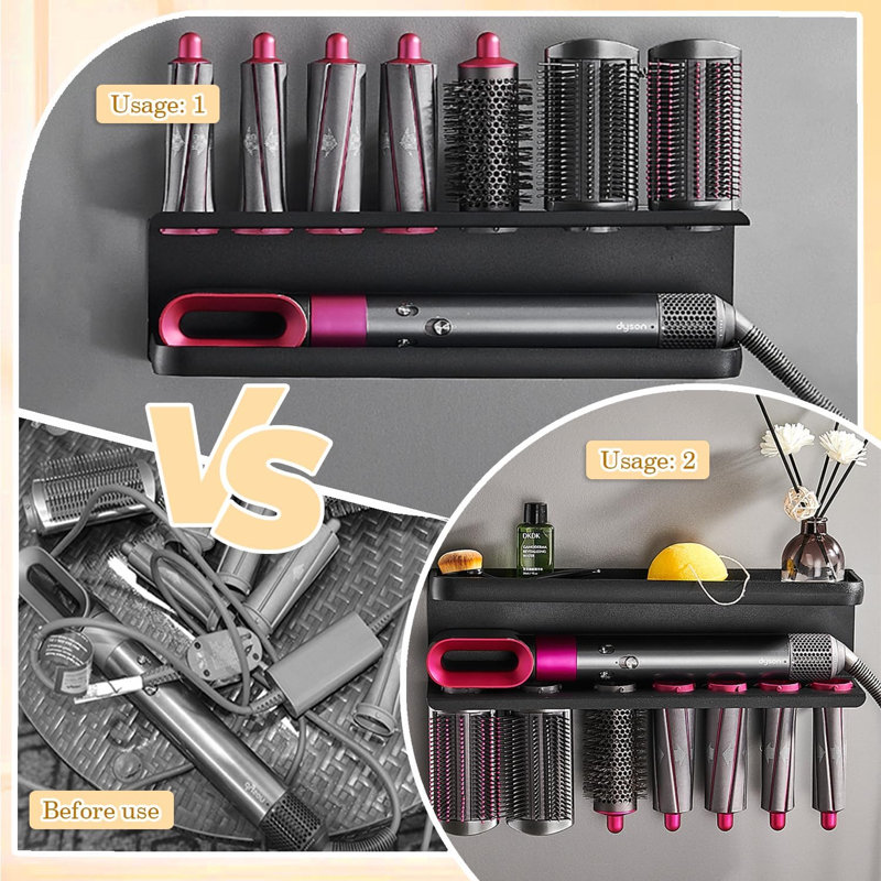 Support de rangement Airwrap compatible avec le fer à friser Dyson Airwrap, support mural pour organisation de la maison (avec peigne), noir
