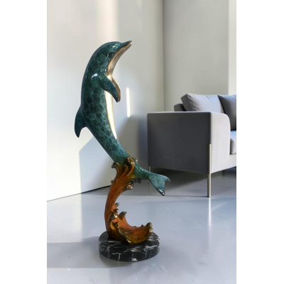 Sculpture dauphin en bronze sur base ondulée 25 po x 24 po x H 40 po