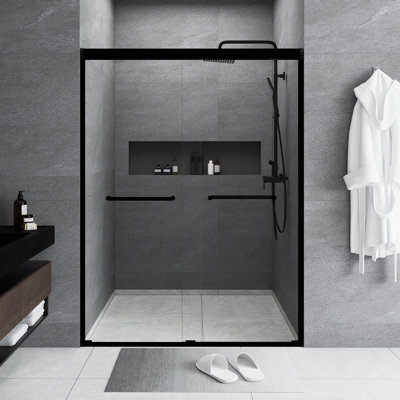 50-54 " W X 72" H Aluminum Frame Double Sliding Shower Door | 1/4 Inch Tempered Glass With Explosion Proof Film | Stainless Steel Handle | Matte Black