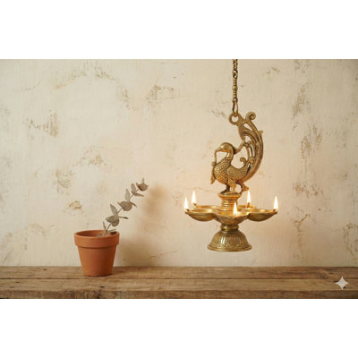 10-Inch Handmade Brass Mayura Peacock Hanging Puja Lamp - Traditional Oil Diya Spiritual Home Decor Lighting