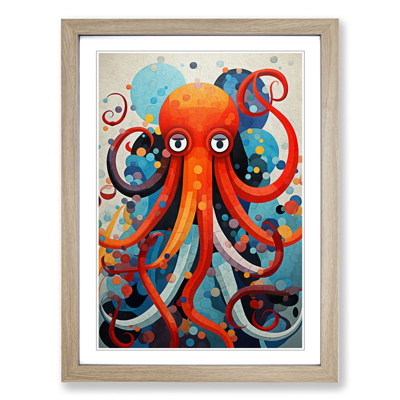 Octopus Constructivism - Single Picture Frame Print on Wood, 46cm H x 34cm W x 2cm D, Oak